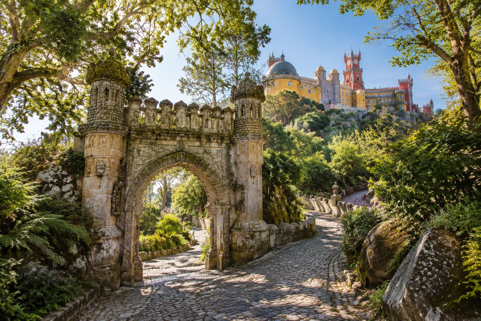 Muralhas e ameias de pedra sobre a serra de Sintra
