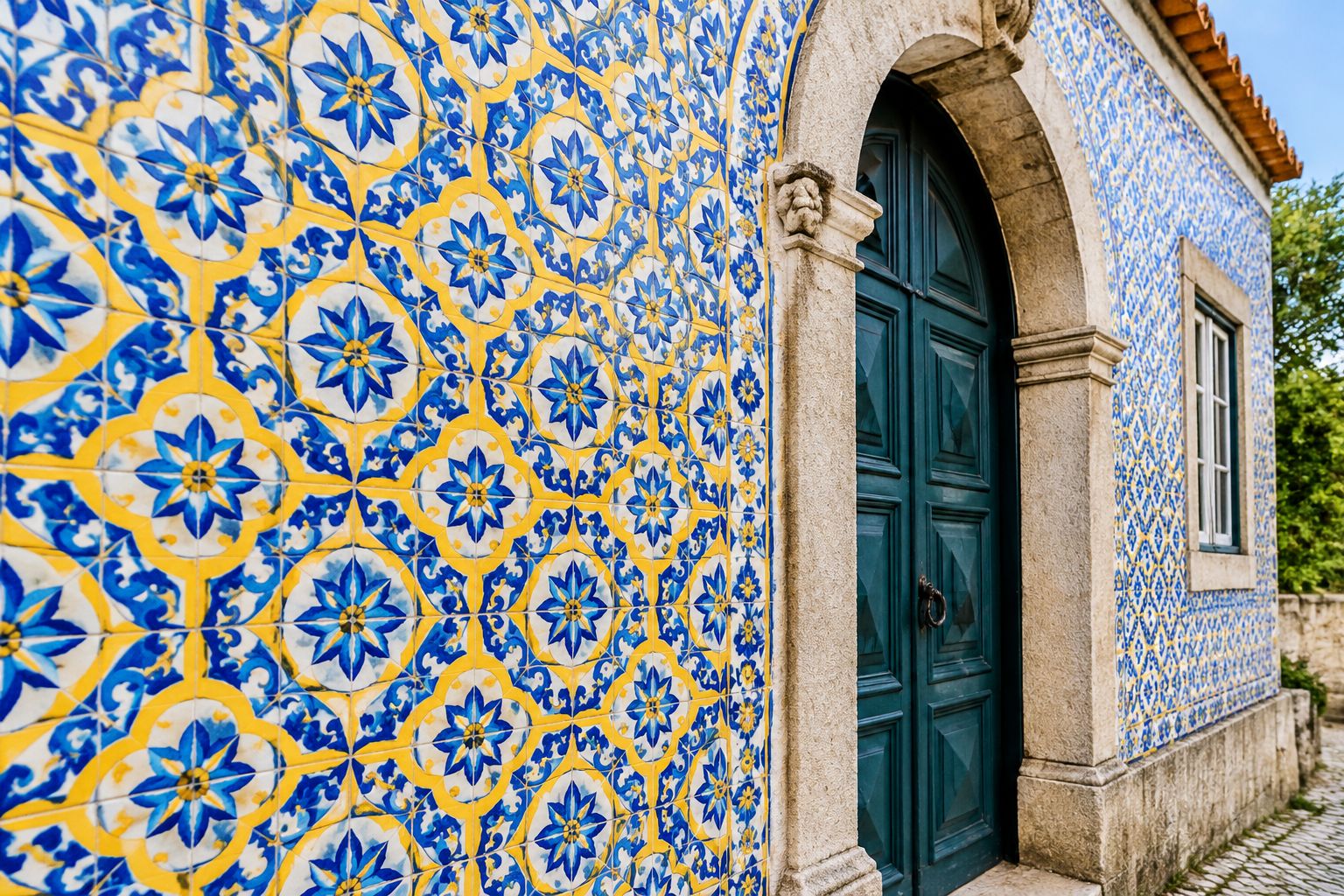 Terraço de jardim com sebes aparadas e escadaria de pedra