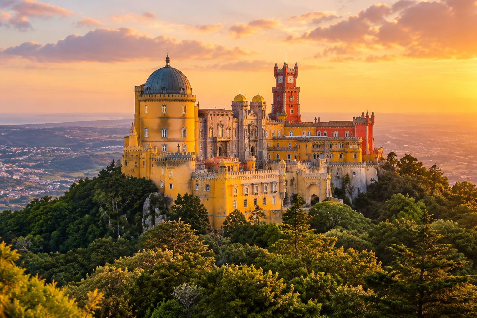 Palácio da Pena com fachadas amarelas e vermelhas entre a floresta